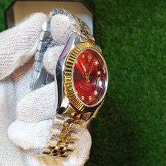 Rolex Red Dial Watch – Luxury Two-Tone Chain Style | Date Display