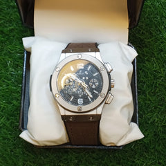 Hublot Skeleton Leather Strap Watch - Silver&Brown