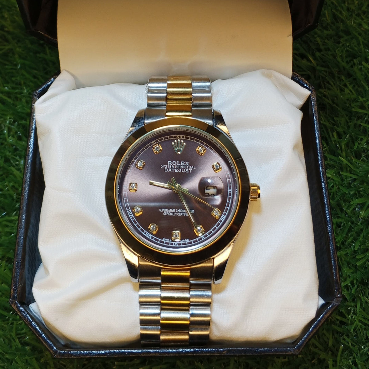 Rolex Brown Dial Watch – Two-Tone Bracelet | Date Display | Crown Edition