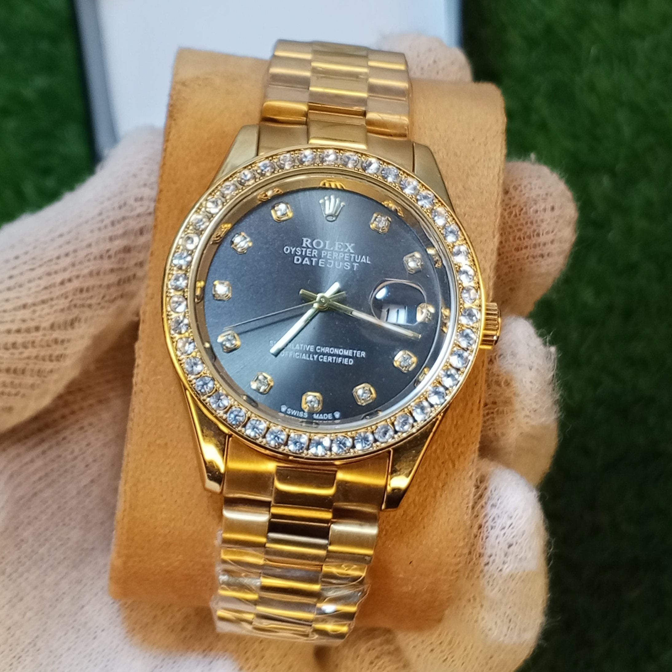 Rolex Full Golden Watch – Black Dial | Diamond Markers | Premium Edition