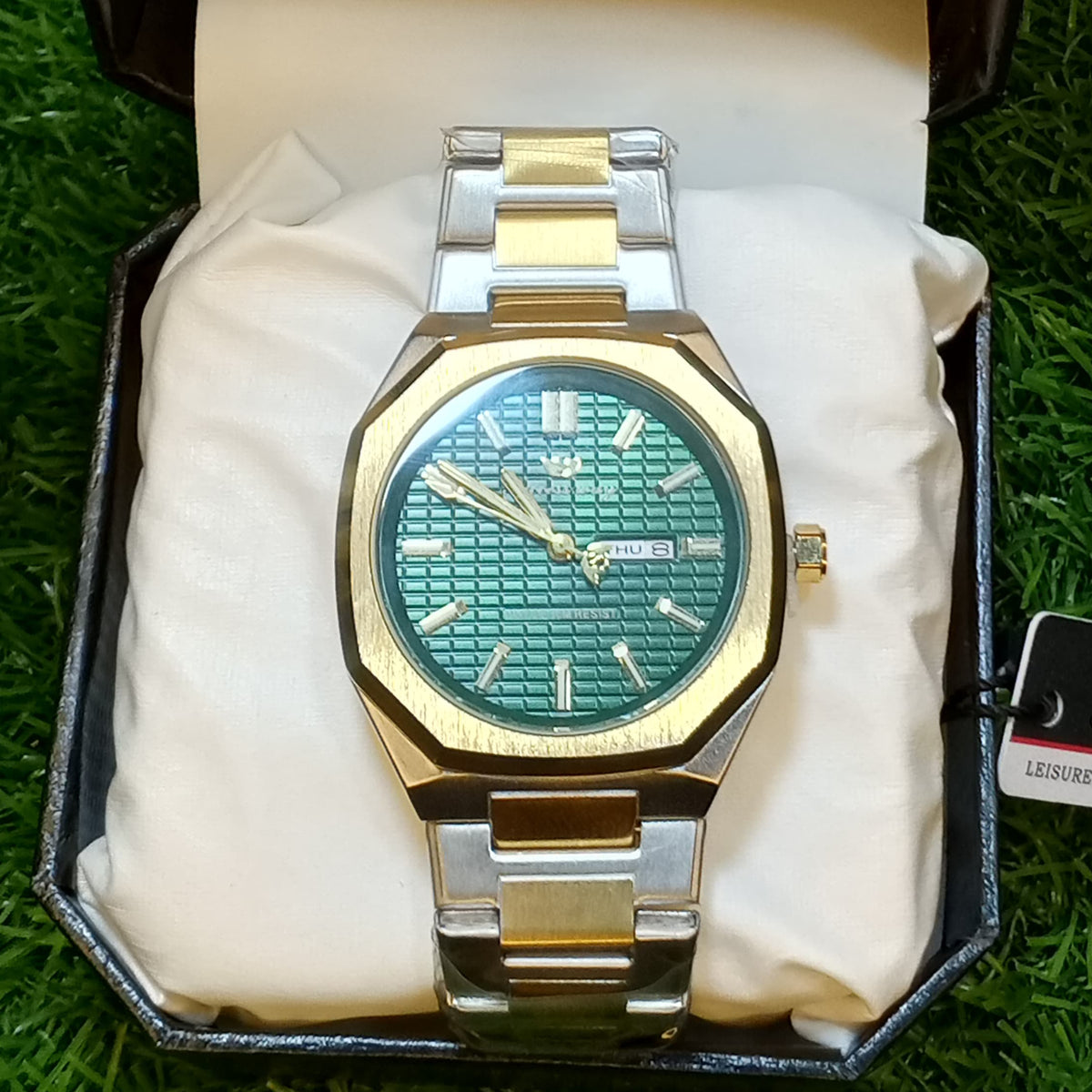 Success Way Two-Tone Watch – Green Dial | Day & Date Display | Stainless Steel Strap
