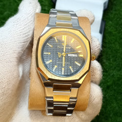 Success Way Two-Tone Watch – Black Dial | Day & Date Display | Stainless Steel Strap