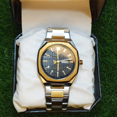 Success Way Two-Tone Watch – Black Dial | Day & Date Display | Stainless Steel Strap